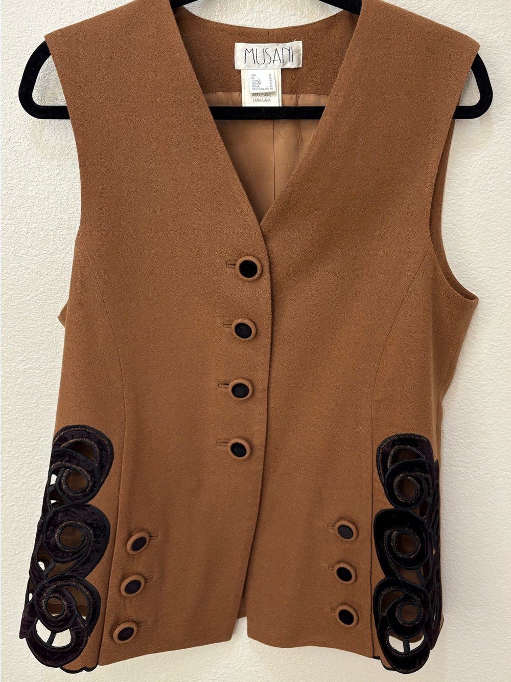 Musani Couture Italy 100% Wool Brown With Black Applique Button Vest Size 10